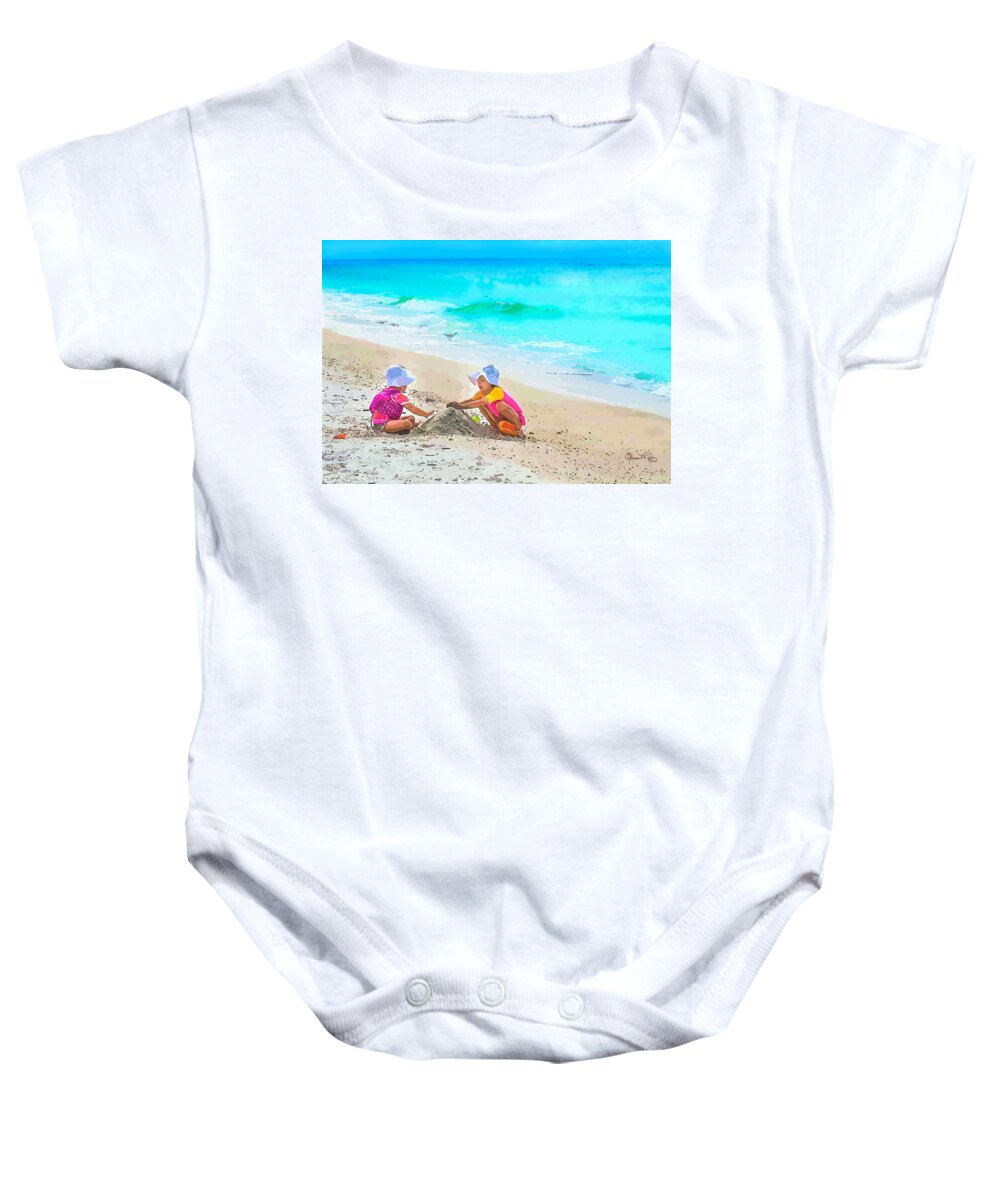 first Sand Castle Baby Onesie featuring the photograph First Sand Castle by Susan Molnar