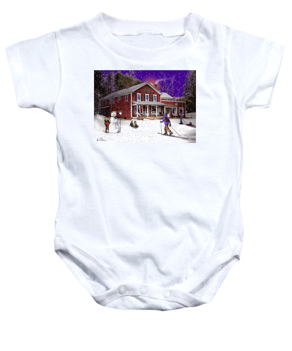 Country Baby Onesie featuring the digital art First Snow at The South Woodstock Country Store by Nancy Griswold