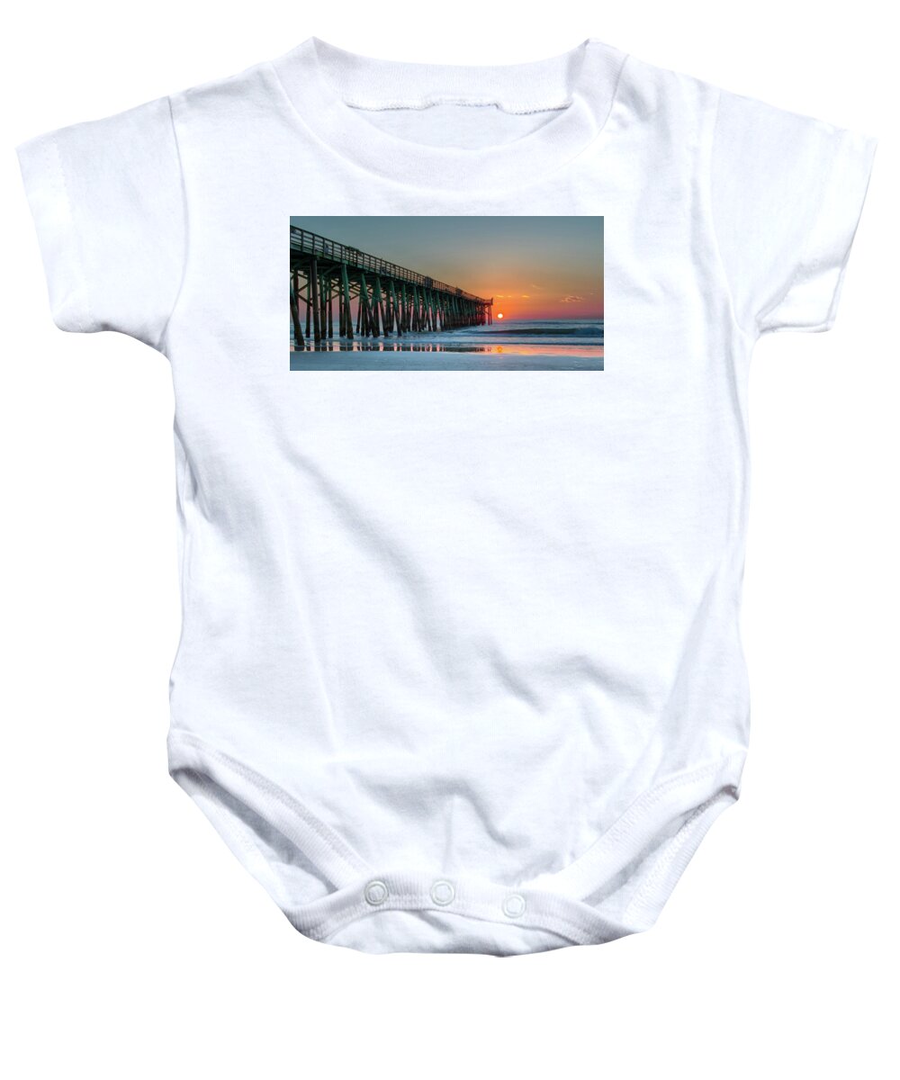 Sunrise Baby Onesie featuring the photograph Flagler Pier Sunrise by Dillon Kalkhurst