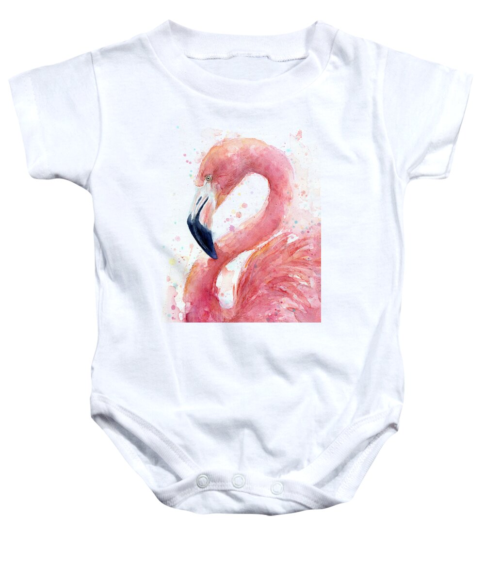 Flamingo Baby Onesie featuring the painting Flamingo Watercolor Painting by Olga Shvartsur