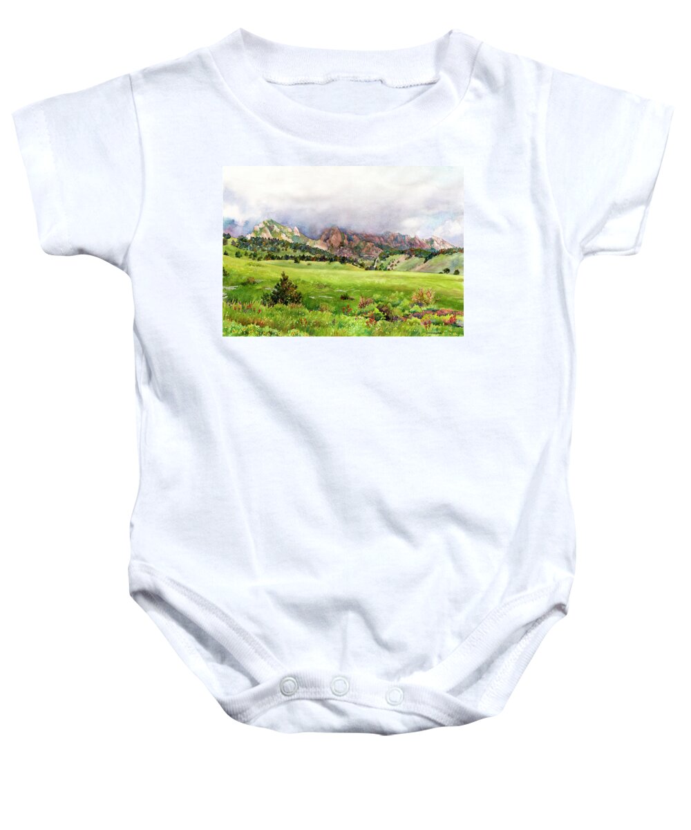 Flatirons Painting Baby Onesie featuring the painting Flatirons Vista by Anne Gifford