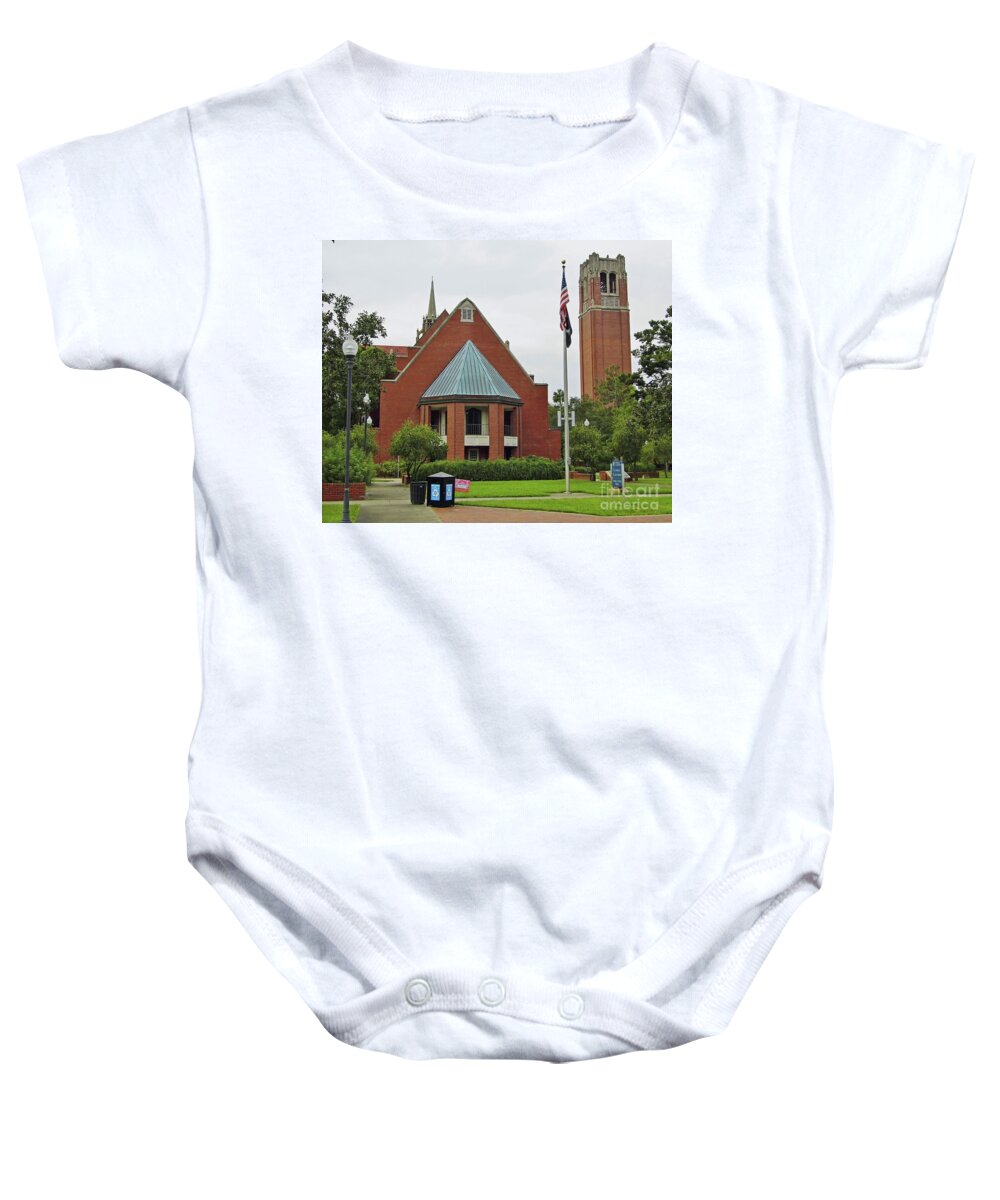 Uf Baby Onesie featuring the photograph Florida Auditorium and Century Tower by D Hackett