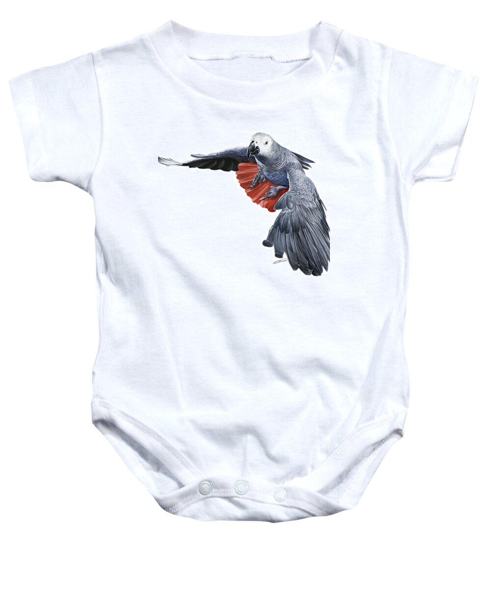 African Greay Baby Onesie featuring the digital art Flying African Grey Parrot by Owen Bell