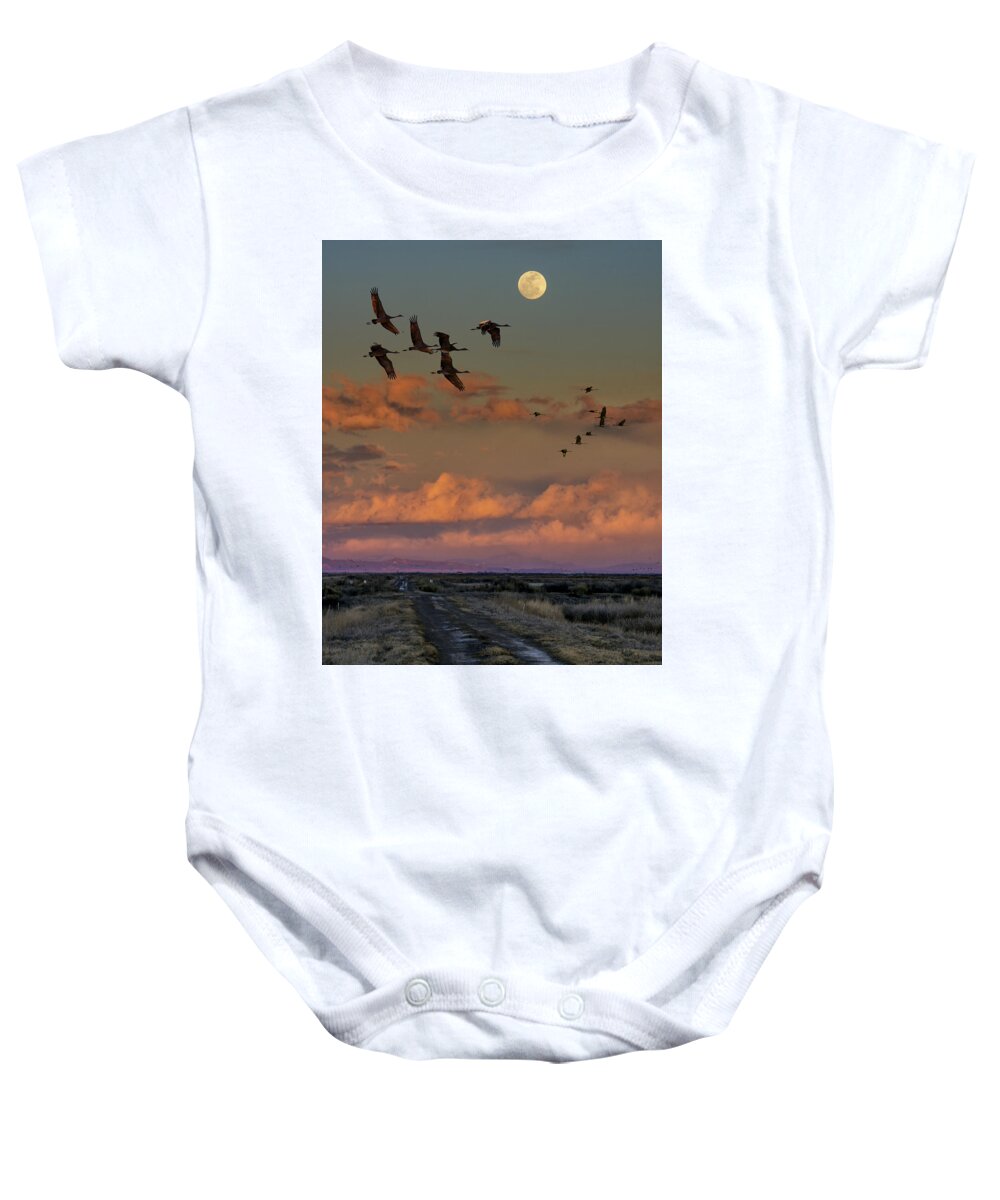 Cranes Baby Onesie featuring the photograph Flying By Moonlight by David Soldano