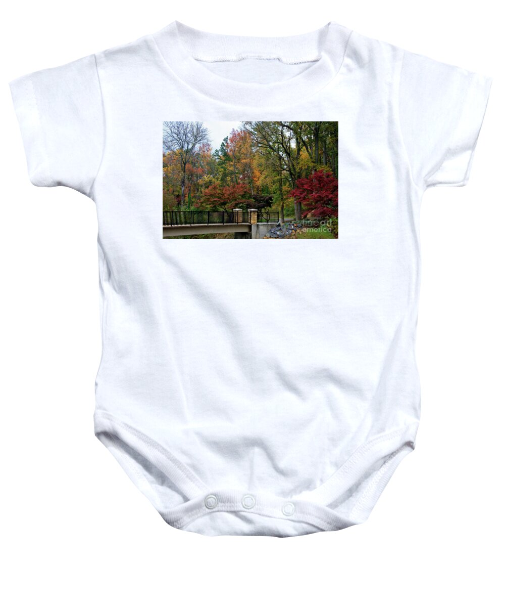 Freedom Park Bridge Baby Onesie featuring the photograph Foot Bridge in the Fall by Jill Lang