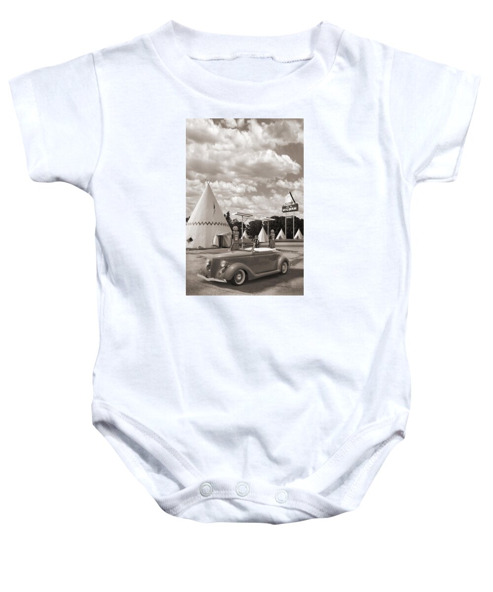 Street Rods Baby Onesie featuring the photograph Ford Roadster At An Indian Gas Station Sepia by Mike McGlothlen