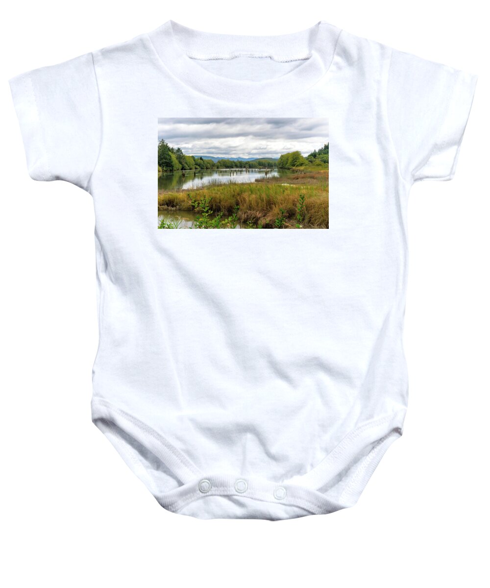 Cloud Baby Onesie featuring the photograph Fort Clatsop on the Columbia River by Michael Hope