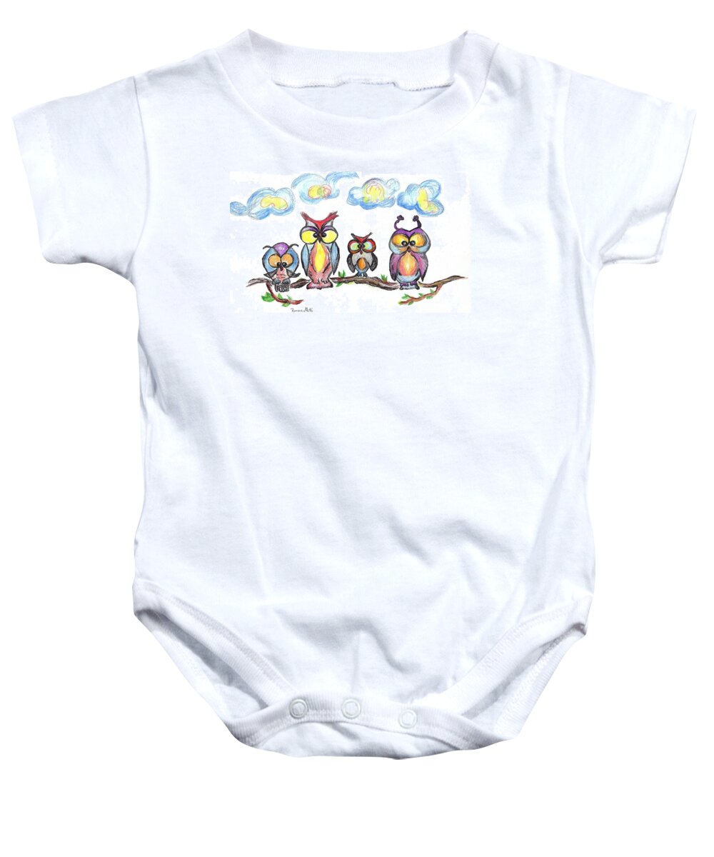 Funny Birds Baby Onesie featuring the drawing Four Friends by Ramona Matei