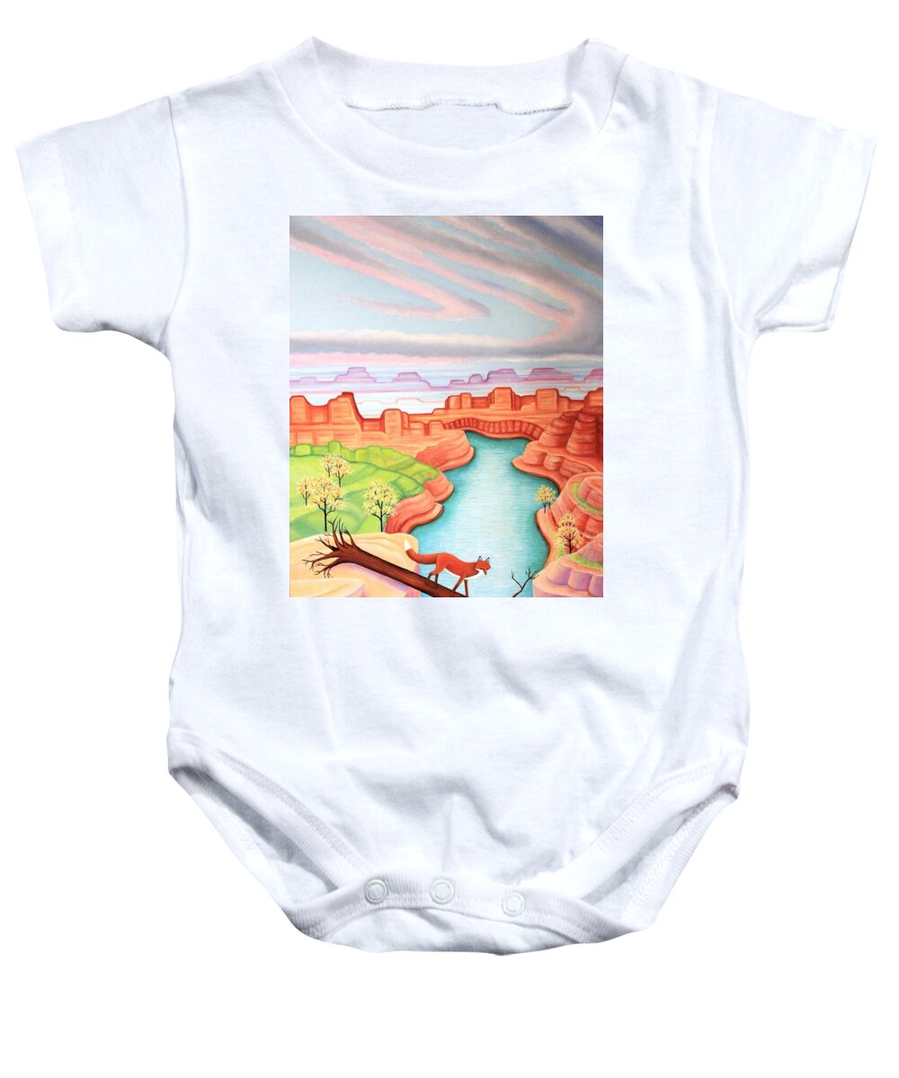 Red Fox Southwest Sunset Baby Onesie featuring the painting Fox Trotting by Tracy Dennison