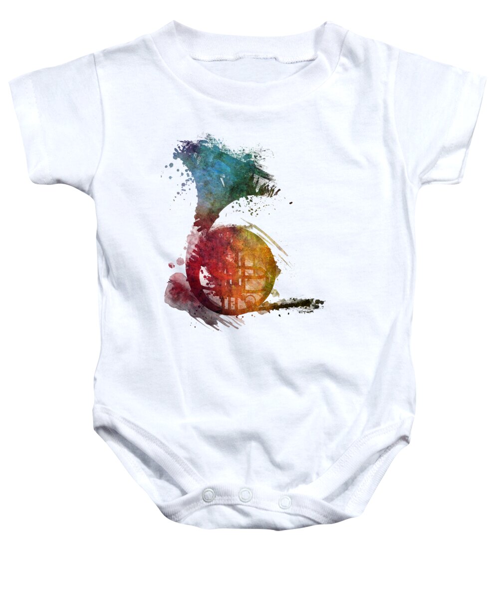 French Horn Baby Onesie featuring the digital art French horn colored musical instruments by Justyna Jaszke JBJart