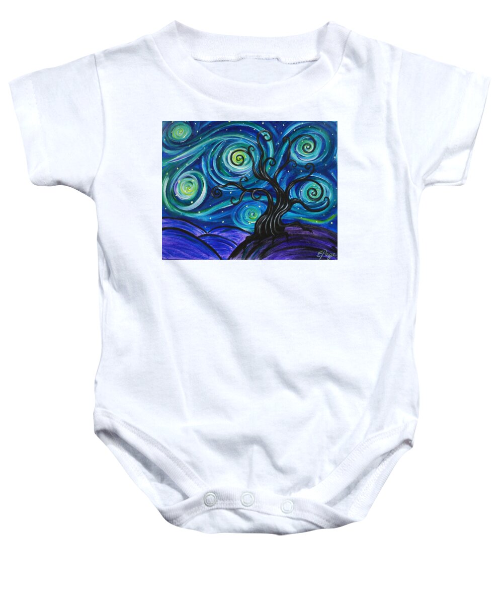 Funky Tree Baby Onesie featuring the painting Funky Tree, Starry Night by Emily Page
