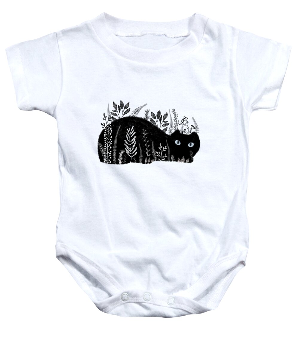Cat Baby Onesie featuring the drawing Garden Cat In Black And White by Little Bunny Sunshine