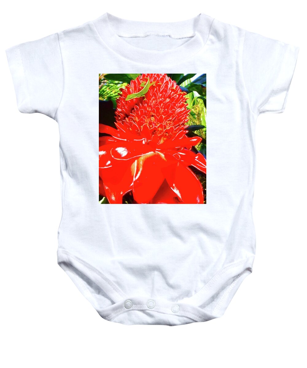 Gecko Torch Ginger Red Flowers Of Aloha Baby Onesie featuring the photograph Gecko on Torch Ginger by Joalene Young