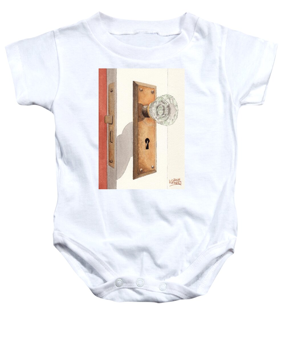 Lock Baby Onesie featuring the painting Glass Door Knob and Passage Lock Revisited by Ken Powers