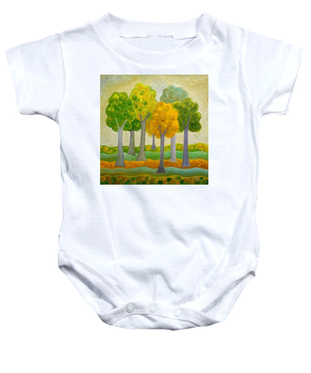 Trees Baby Onesie featuring the mixed media Green On Green by Angeles M Pomata