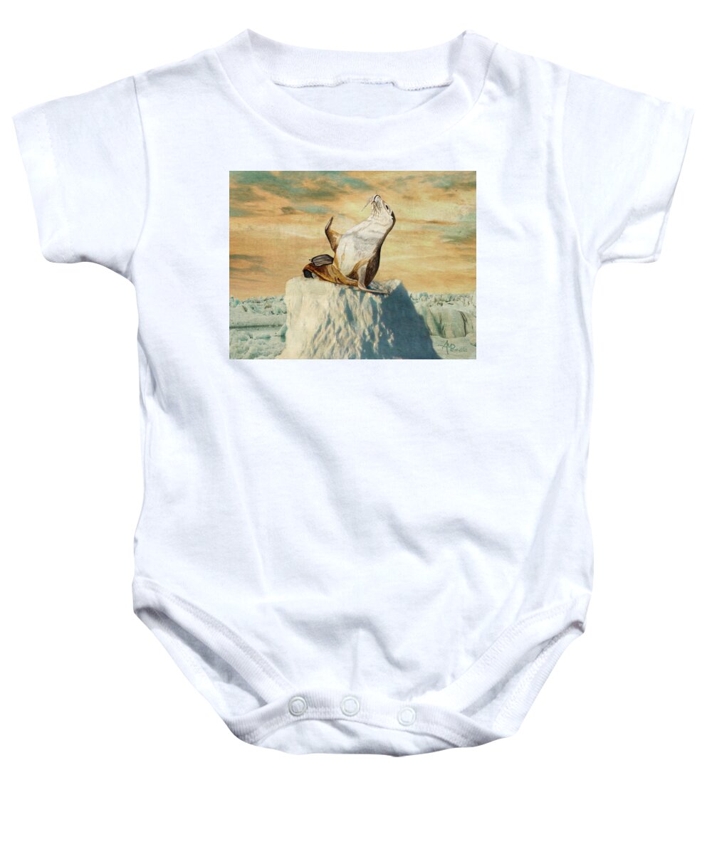 Sea Lion Baby Onesie featuring the painting Greetings From The Arctic by Angeles M Pomata