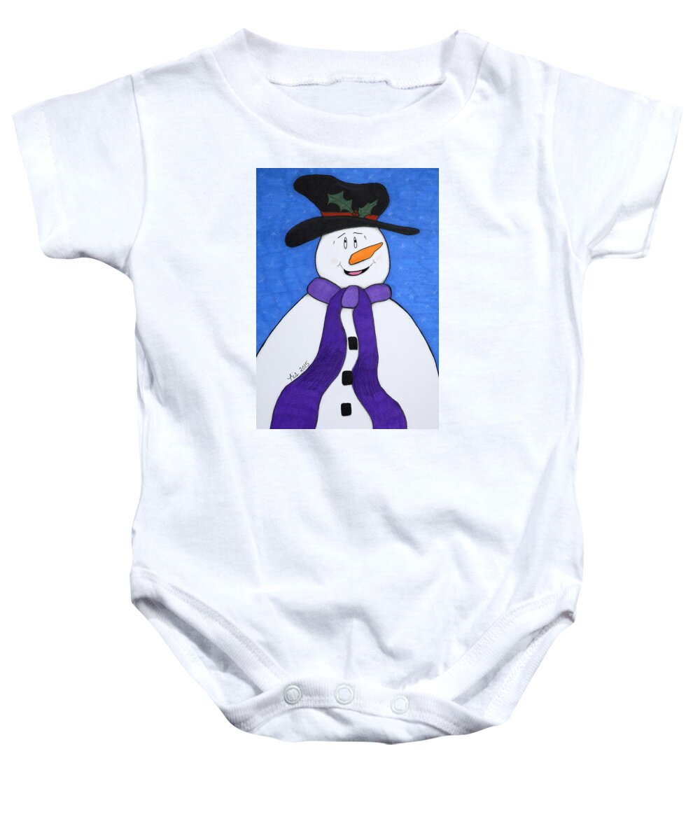 Snowman Baby Onesie featuring the drawing Happiness Snowman by Lisa Blake