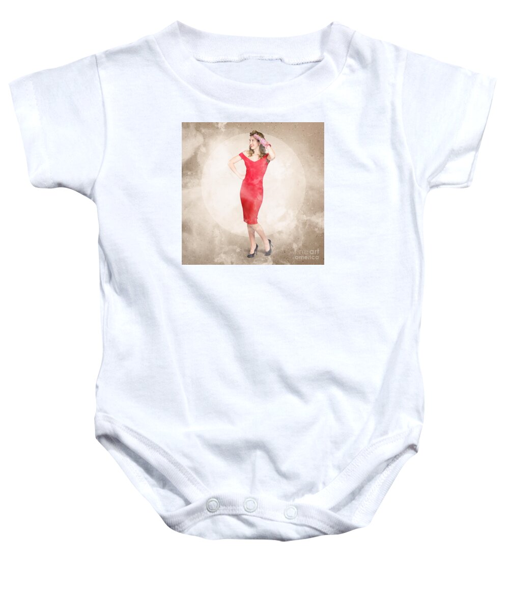 Girl Baby Onesie featuring the photograph Happy pinup cook watching food get chargrilled by Jorgo Photography