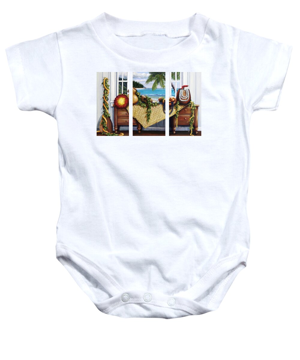 Acrylic Baby Onesie featuring the painting Hawaiian Still Life with Haleiwa on My Mind by Sandra Blazel - Printscapes