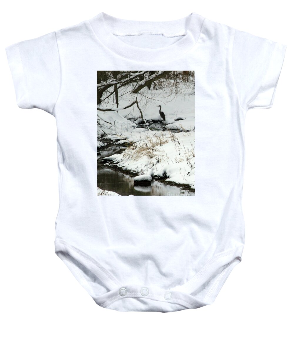 Winter Baby Onesie featuring the photograph Heron in Winter by Paula Guttilla