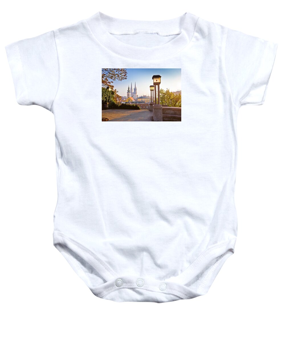 Zagreb Baby Onesie featuring the photograph Historic Zagreb towers sunrise view by Brch Photography