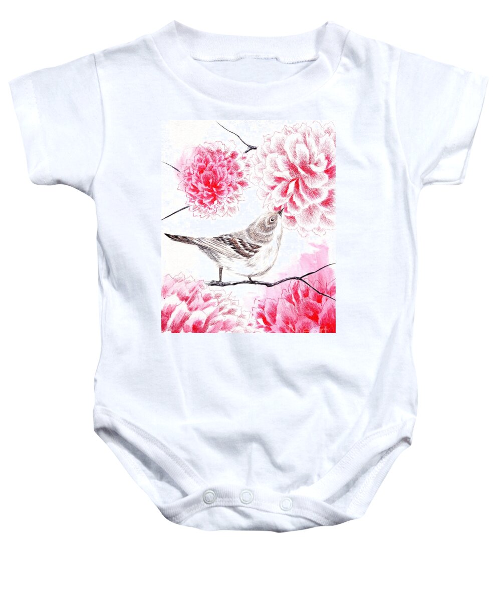 Bird Baby Onesie featuring the drawing Hop to It by Alice Chen