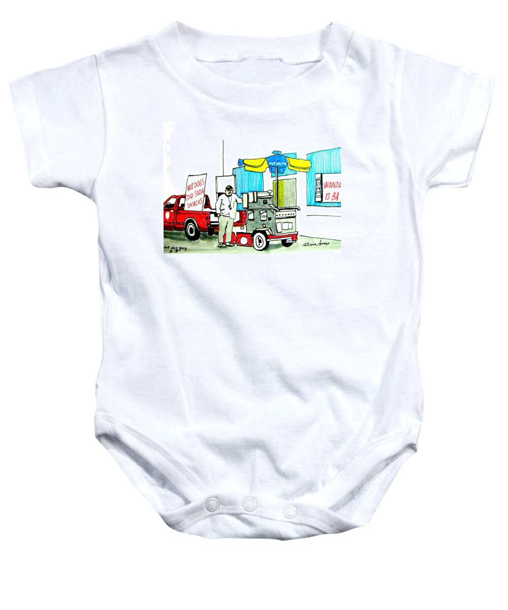 Asbury Art Baby Onesie featuring the drawing Hot Dog Guy of Asbury Park by Patricia Arroyo