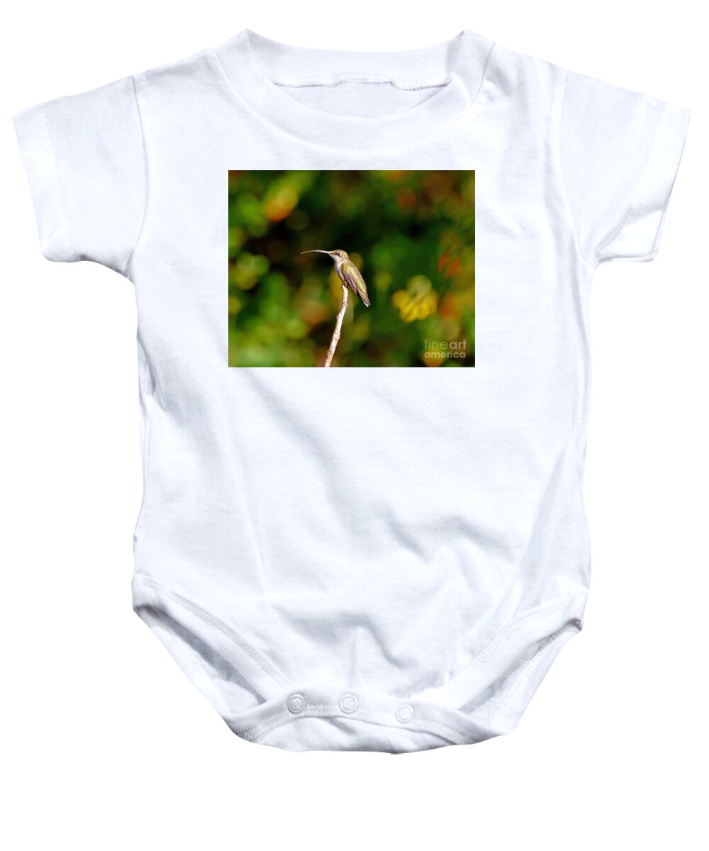 Hummingbird Baby Onesie featuring the photograph Hummingbird Sticks Her Tongue Out by Kerri Farley