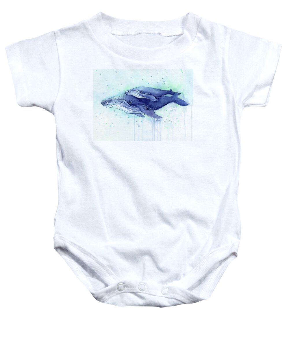 Whale Baby Onesie featuring the painting Humpback Whales Mom and Baby Watercolor Painting - Facing Right by Olga Shvartsur