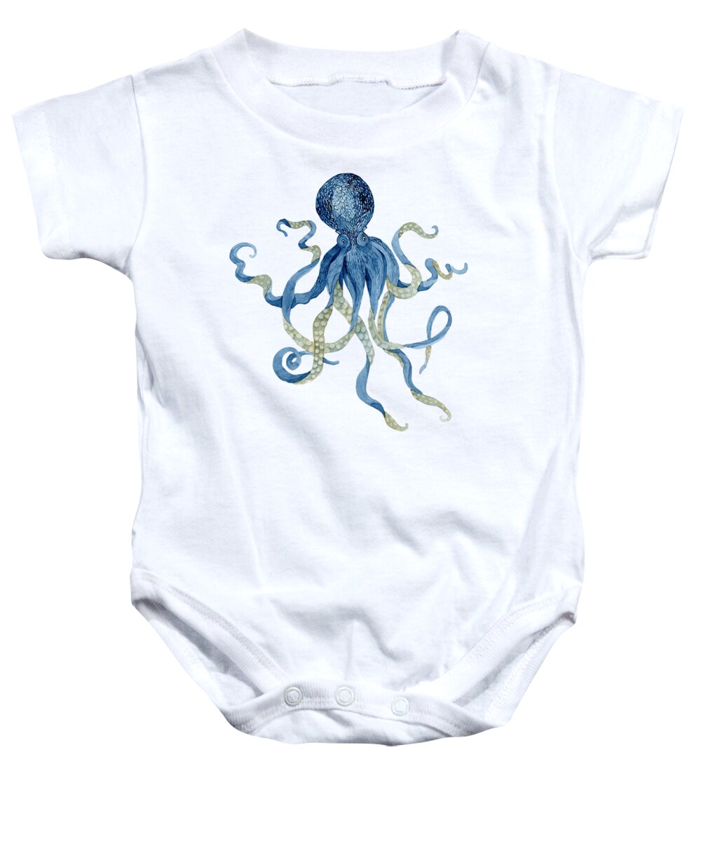 Indigo Baby Onesie featuring the painting Indigo Ocean Blue Octopus by Audrey Jeanne Roberts