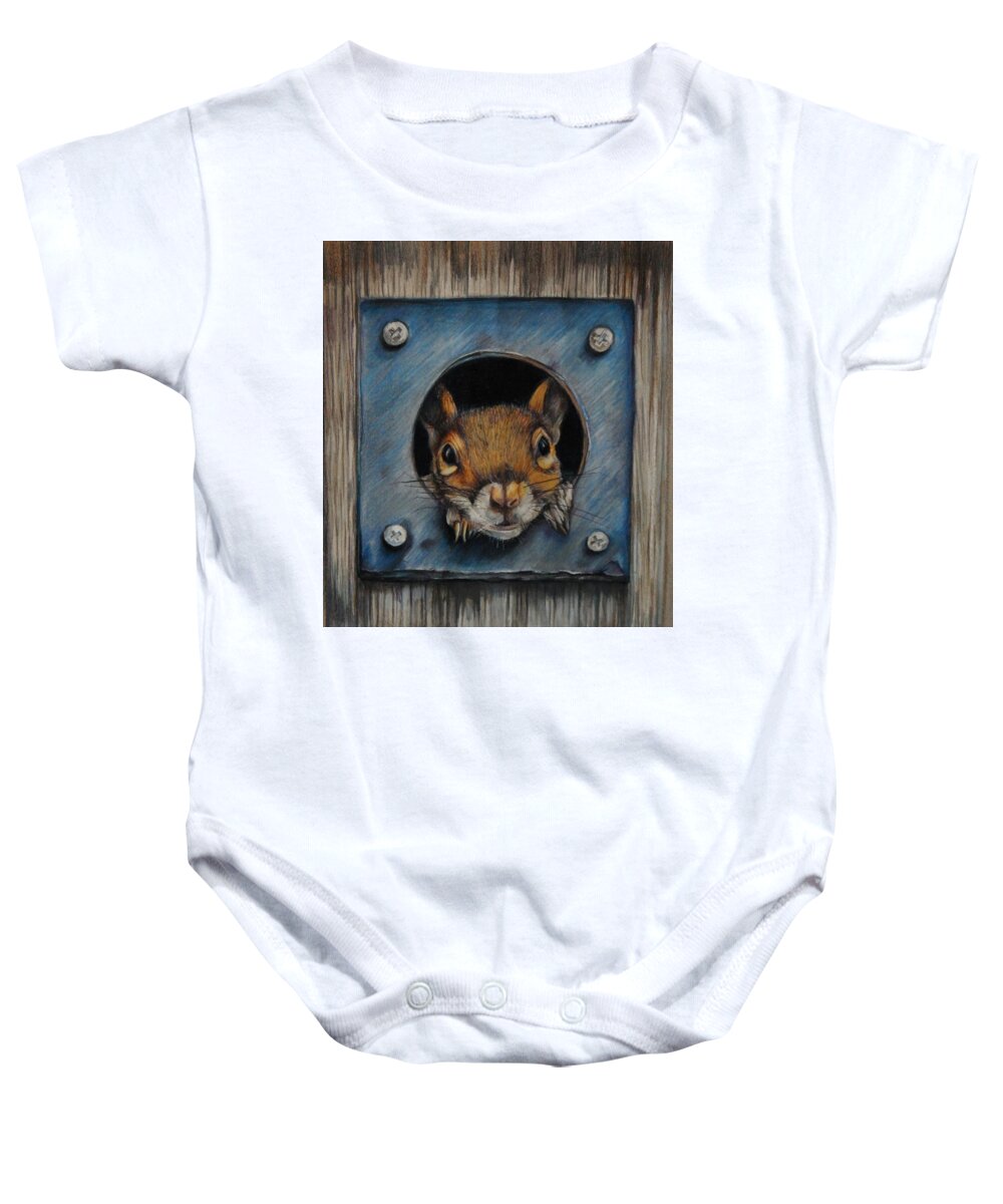 Squirrel Baby Onesie featuring the drawing Just Hanging Out by Jean Cormier