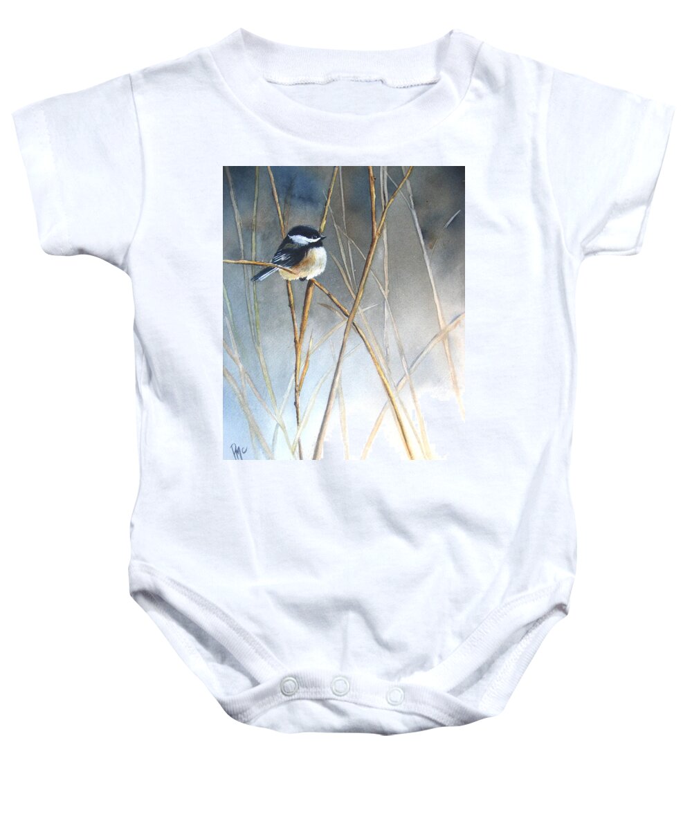 Chickadee Baby Onesie featuring the painting Just Thinking by Patricia Pushaw