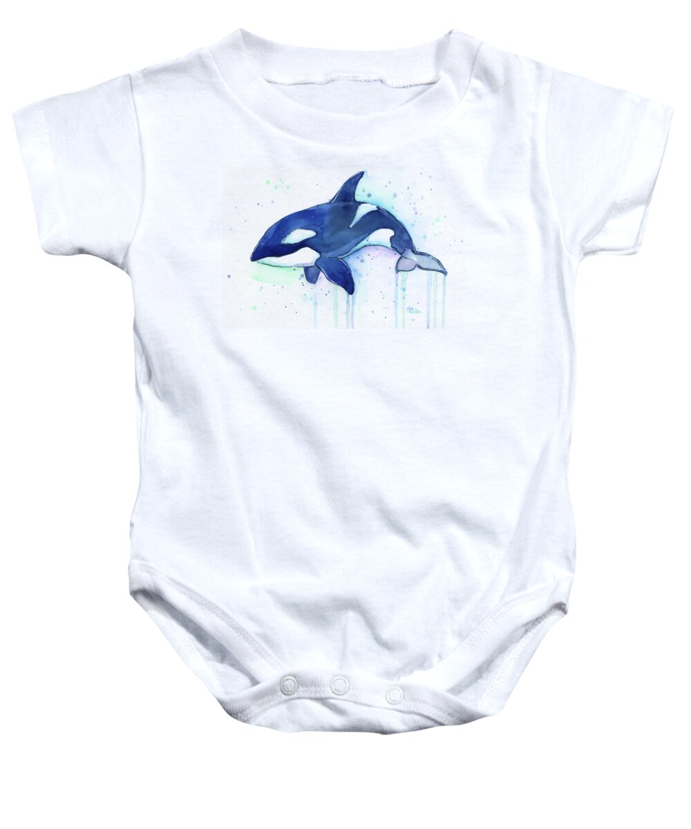 Killer Whale Baby Onesie featuring the painting Kiler Whale Watercolor Orca by Olga Shvartsur