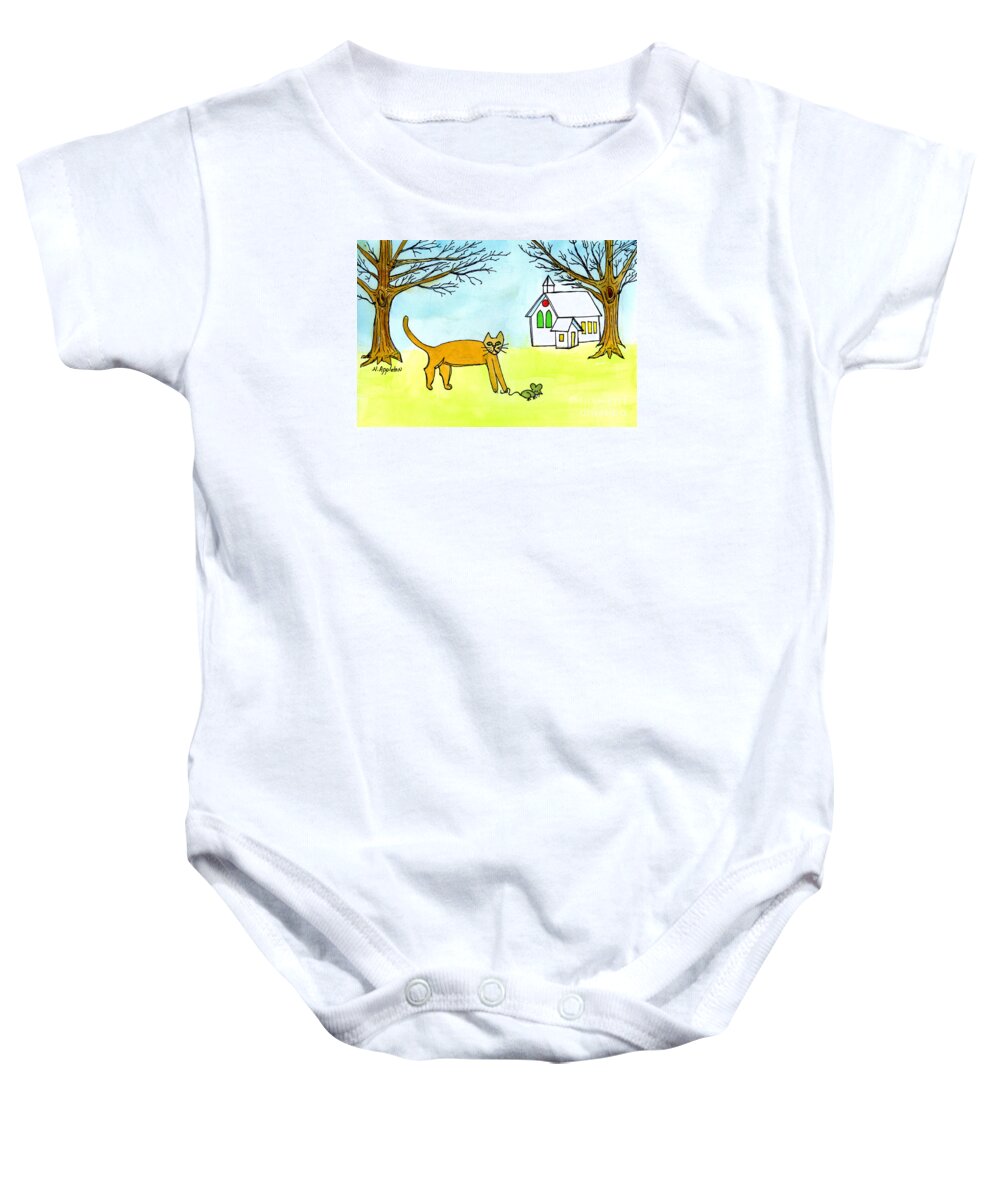 Cat. Cat Artwork Baby Onesie featuring the painting Kitty and the Mouse by Norma Appleton