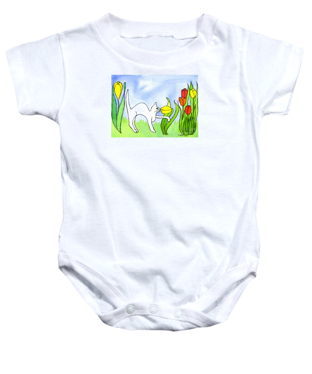 Cat Baby Onesie featuring the painting Kitty Sniffing Tulips by Norma Appleton