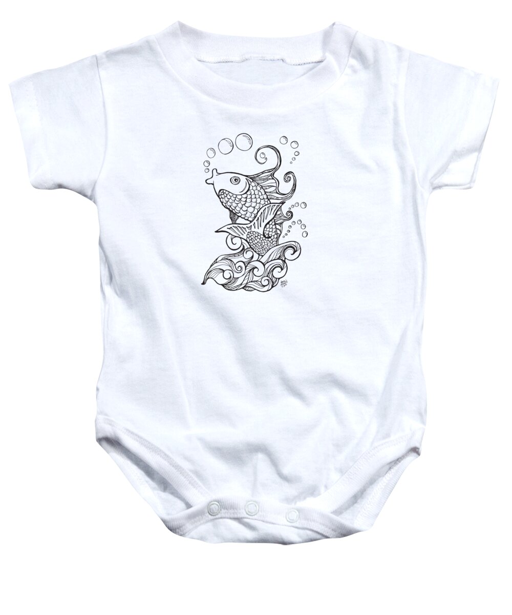 Koi Baby Onesie featuring the drawing Koi Fish and Water Waves by Laura Ostrowski