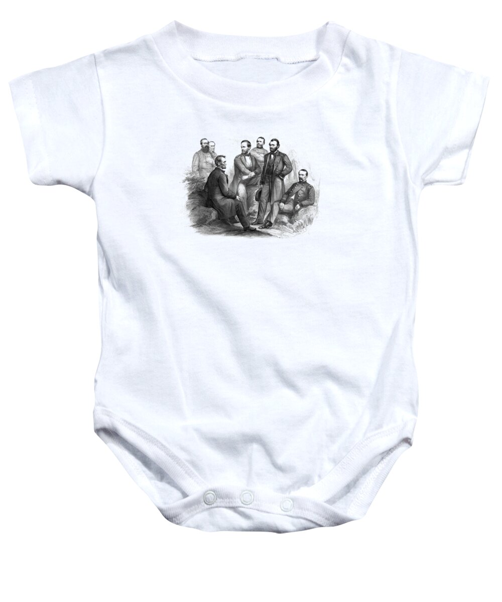 Civil War Baby Onesie featuring the drawing Lincoln and His Generals Black and White by War Is Hell Store