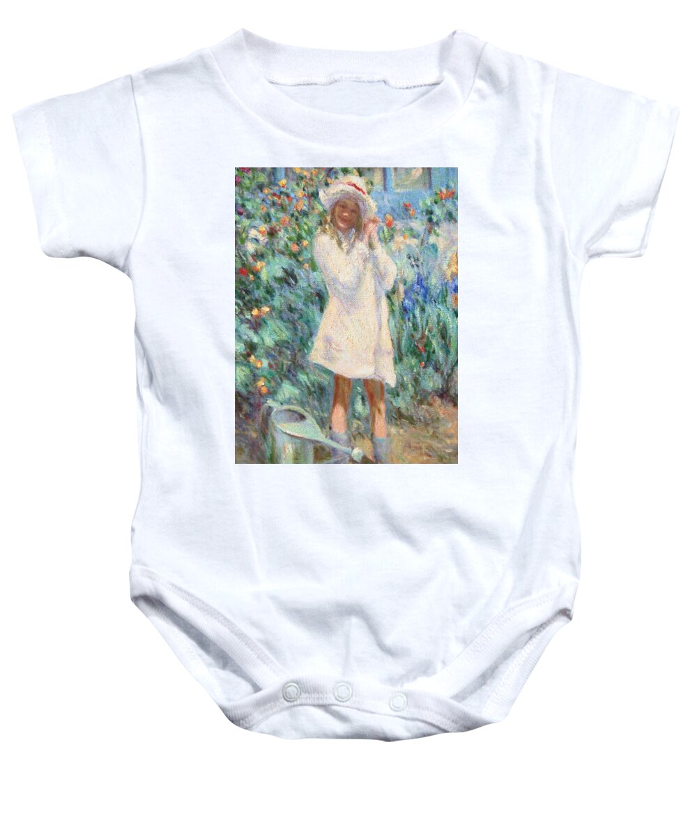 Watering Can Baby Onesie featuring the painting Little girl with roses / detail by Pierre Dijk