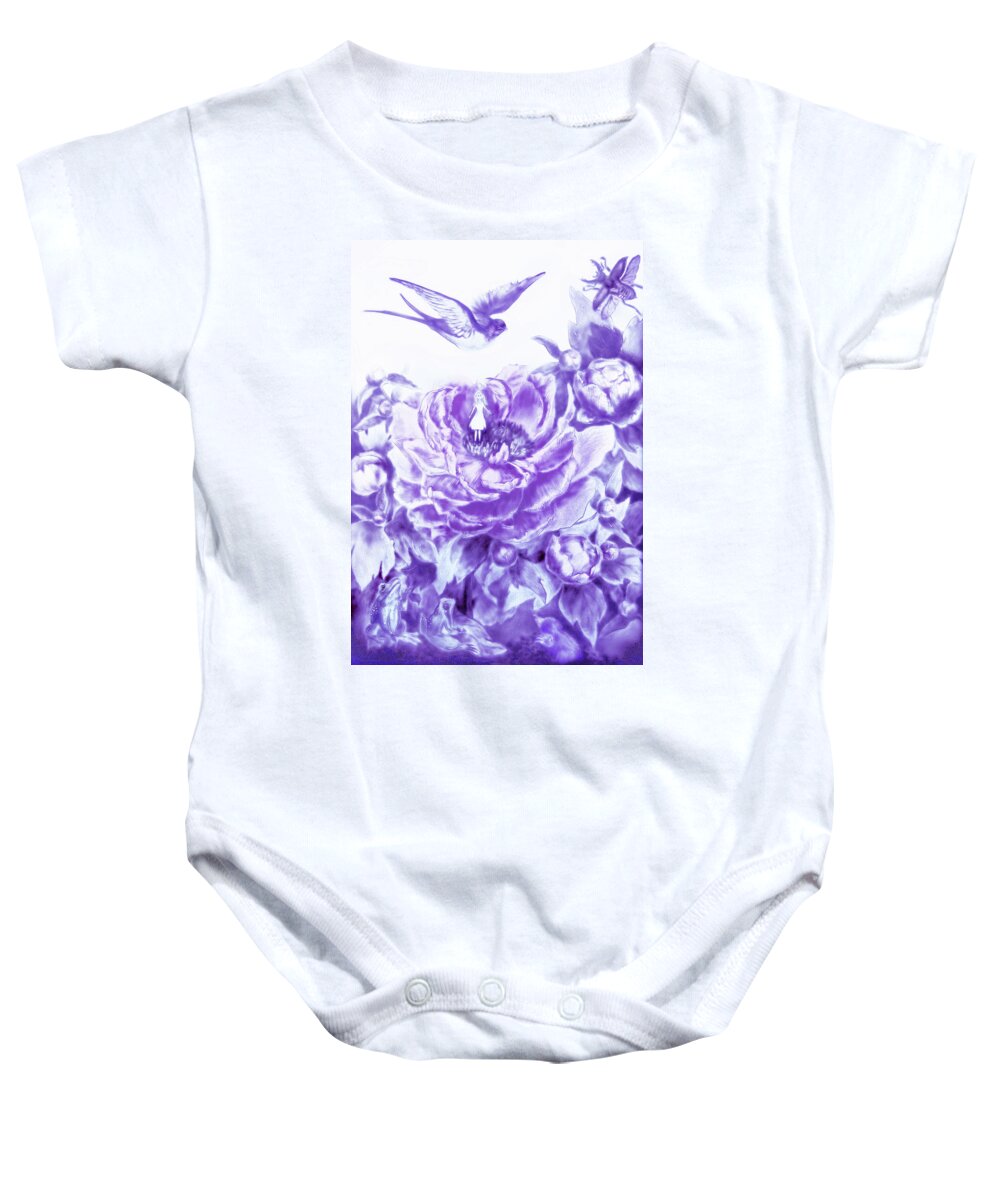 Russian Artists New Wave Baby Onesie featuring the painting Little Tiny or Thumbelina. Lavender by Elena Vedernikova
