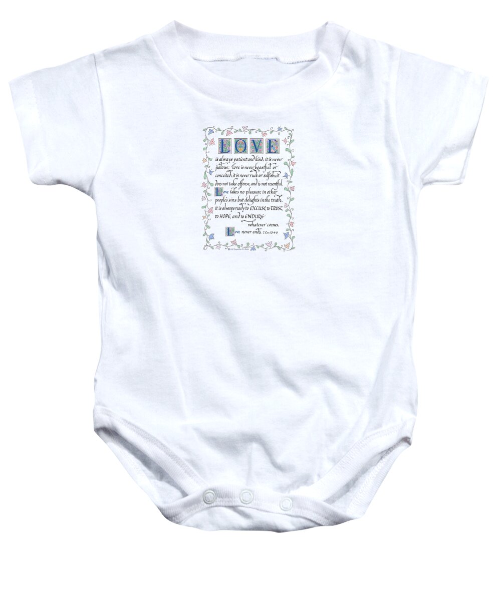 Love Is Patient Baby Onesie featuring the drawing Love is Always Patient-with border by Jacqueline Shuler