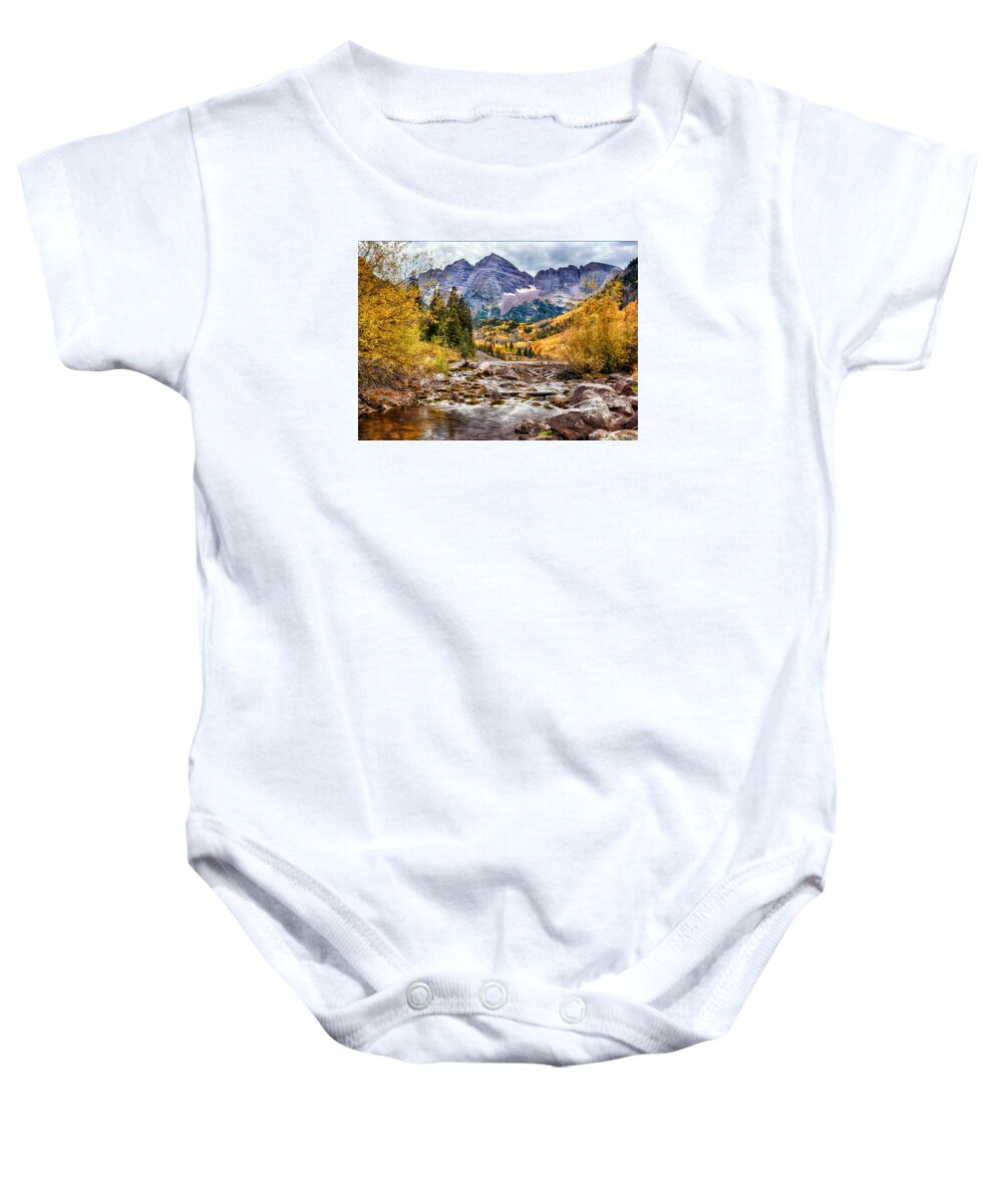 Maroon Bells Baby Onesie featuring the photograph Maroon Bells and the Creek by David Soldano