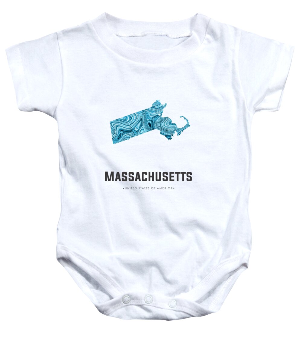Massachusetts Baby Onesie featuring the mixed media Massachusetts Map Art Abstract in Blue by Studio Grafiikka