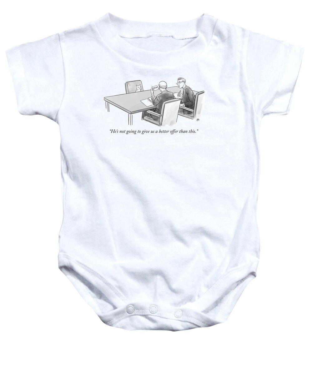 he's Not Going To Give Us A Better Offer Than This. Baby Onesie featuring the drawing Meow by Pia Guerra