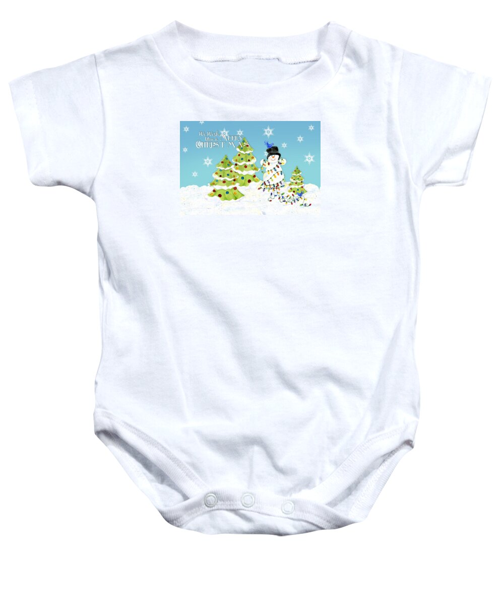 Classic Baby Onesie featuring the painting Merry Christmas Typography Snowman w Christmas Trees n Blue Birds by Audrey Jeanne Roberts