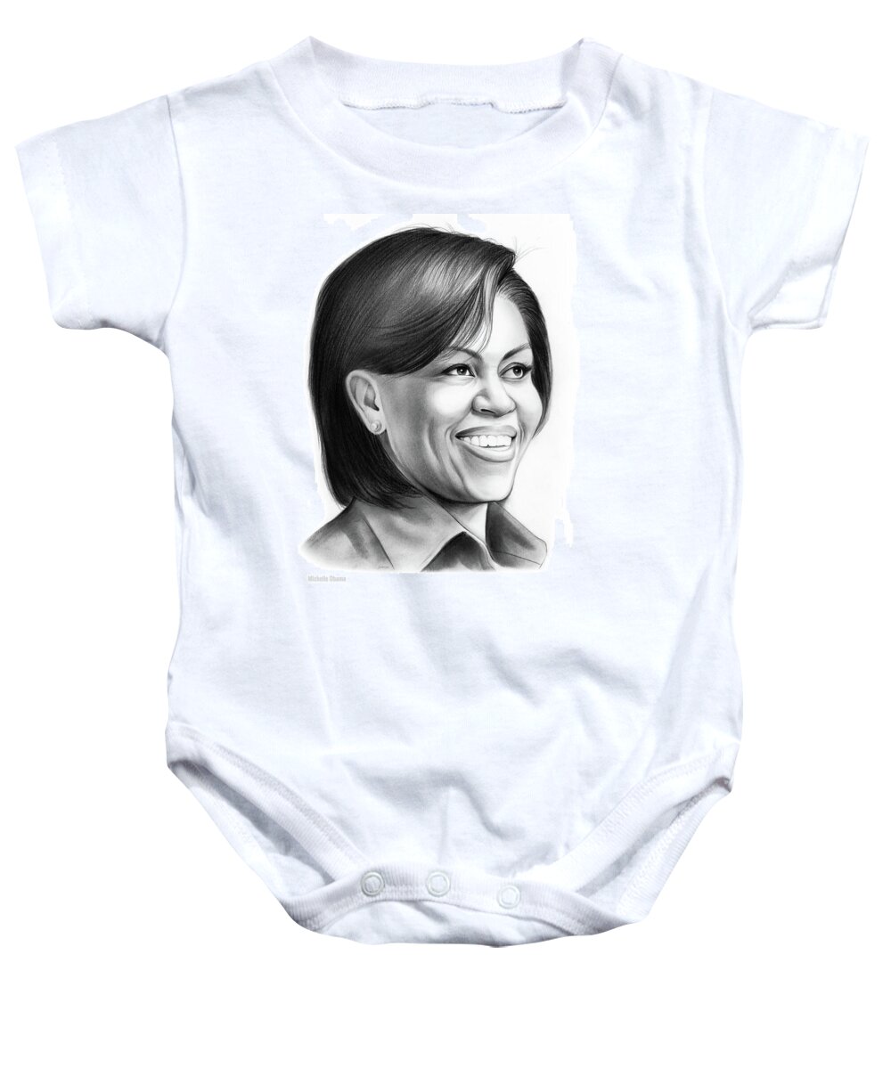 Michelle Obama Baby Onesie featuring the drawing Michelle Obama by Greg Joens