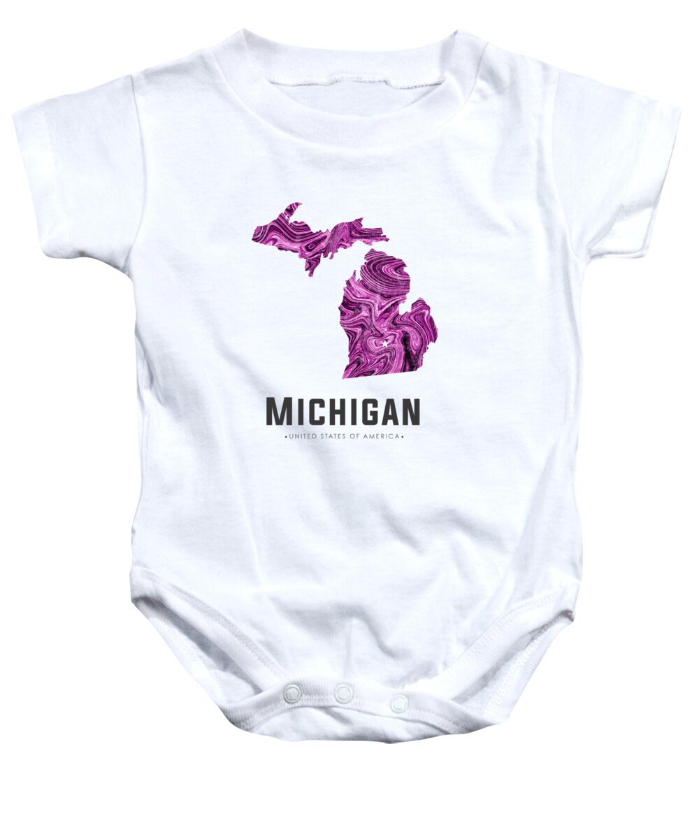 Michigan Baby Onesie featuring the mixed media Michigan Map Art Abstract in Purple by Studio Grafiikka
