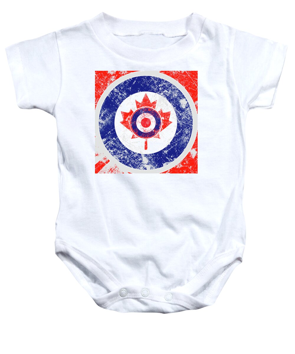 Mod Baby Onesie featuring the digital art Mod Roundel Canadian Maple Leaf in Grunge Distressed Style by Garaga Designs
