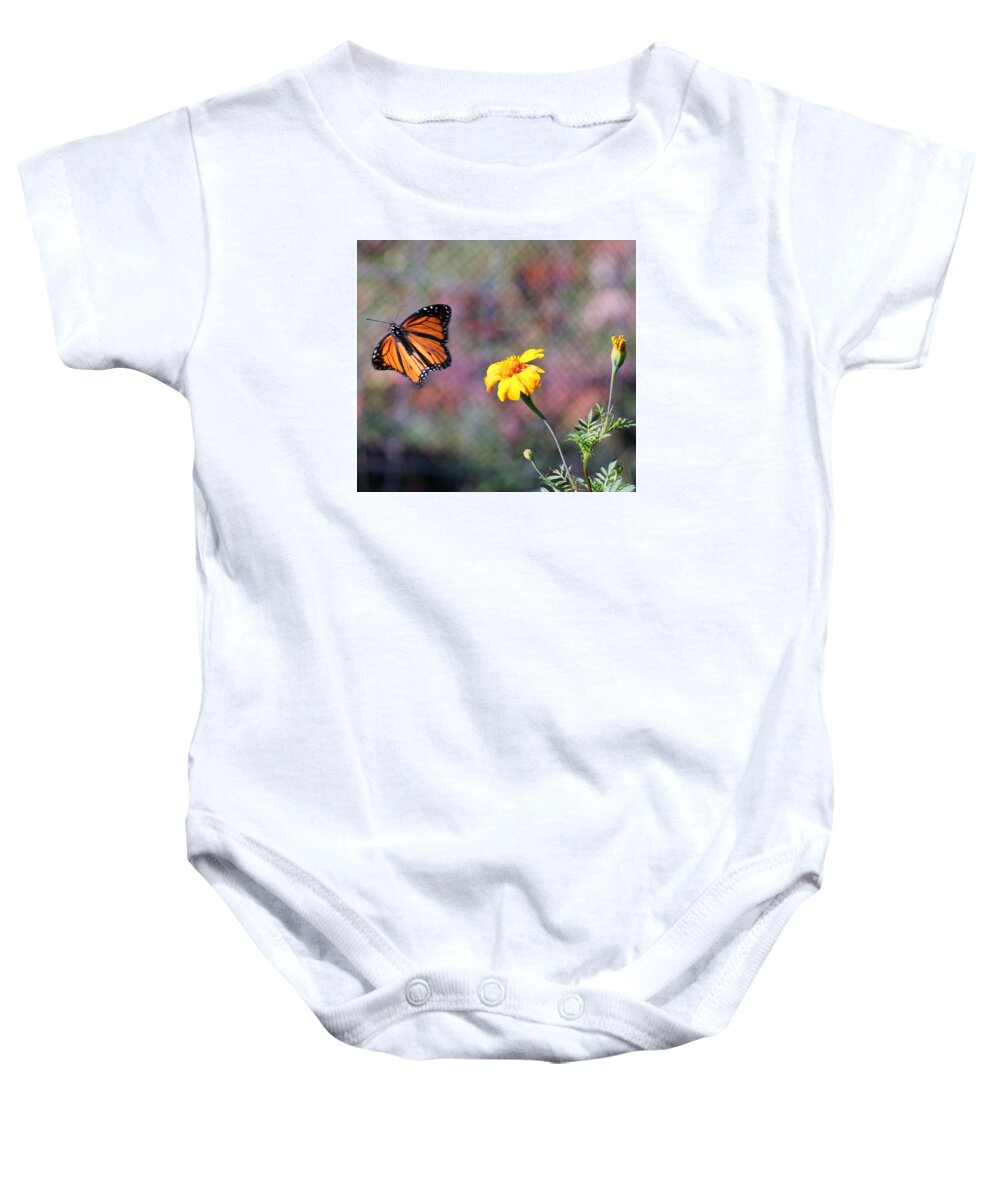 Marigold Baby Onesie featuring the photograph Monarch and the Marigold by Jennifer Robin