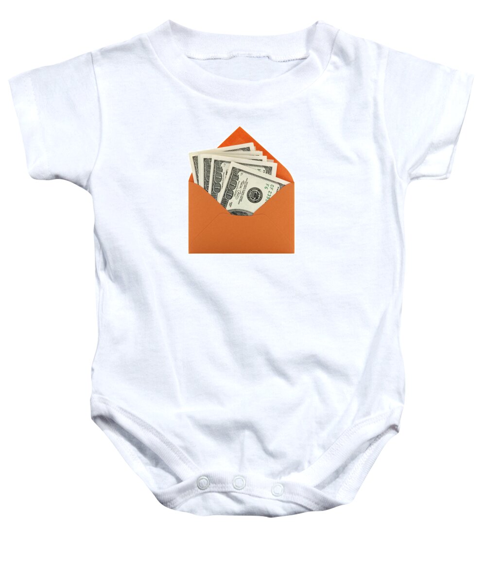 Money Baby Onesie featuring the photograph Money in an orange envelope by GoodMood Art