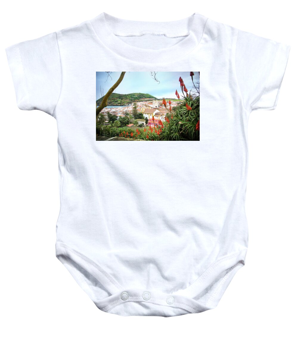 Kelly Hazel Baby Onesie featuring the photograph Monte Brasil and Angra do Heroismo, Terceira by Kelly Hazel